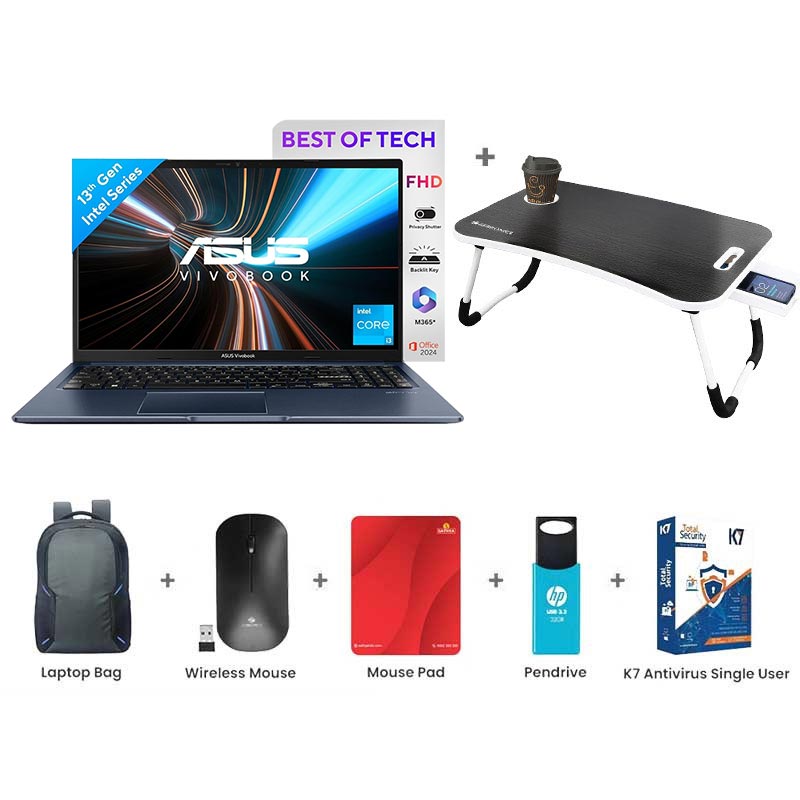 Picture of Asus Vivobook 15 - 13th Gen Intel Core i3-1315U 15.6" (39.62cm) X1504VA-NJ3321WS Thin & Light Laptop (8GB/ 512GB SSD/ Full HD Display/ Intel UHD Graphics/ Windows 11 Home/ MS Office/ 1 Year Warranty/ Quiet Blue/ 1.70 kg) with Laptop Table + Laptop Bag + Wireless Mouse + Mouse Pad + Pendrive + K7 Antivirus Single User